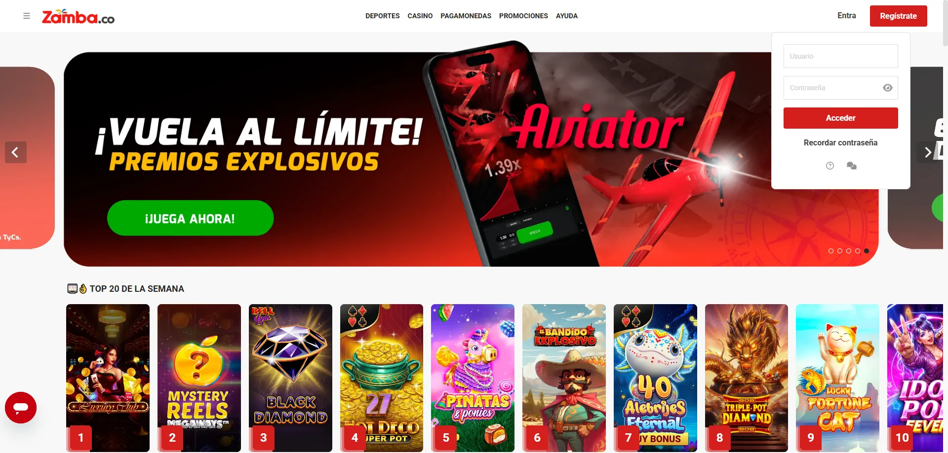 Pantalla de inicio de sesión Zamba Casino para jugadores colombianos